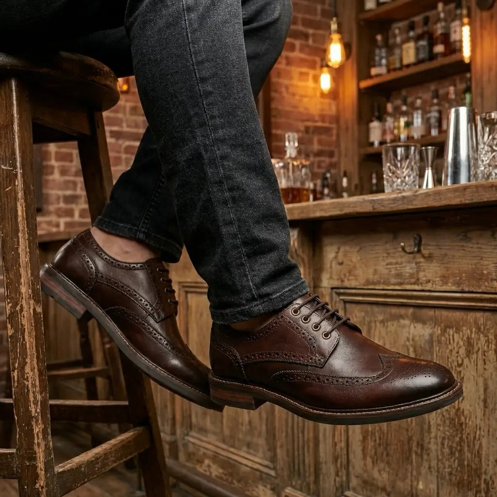 Stokes - Herresko i brunt læder med wingtip-brogue-snørebånd