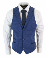 Mens Blue Waistcoat Tweed Herringbone Wool Peaky Blinders Vintage Retro