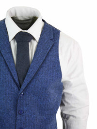 Mens Blue Waistcoat Tweed Herringbone Wool Peaky Blinders Vintage Retro