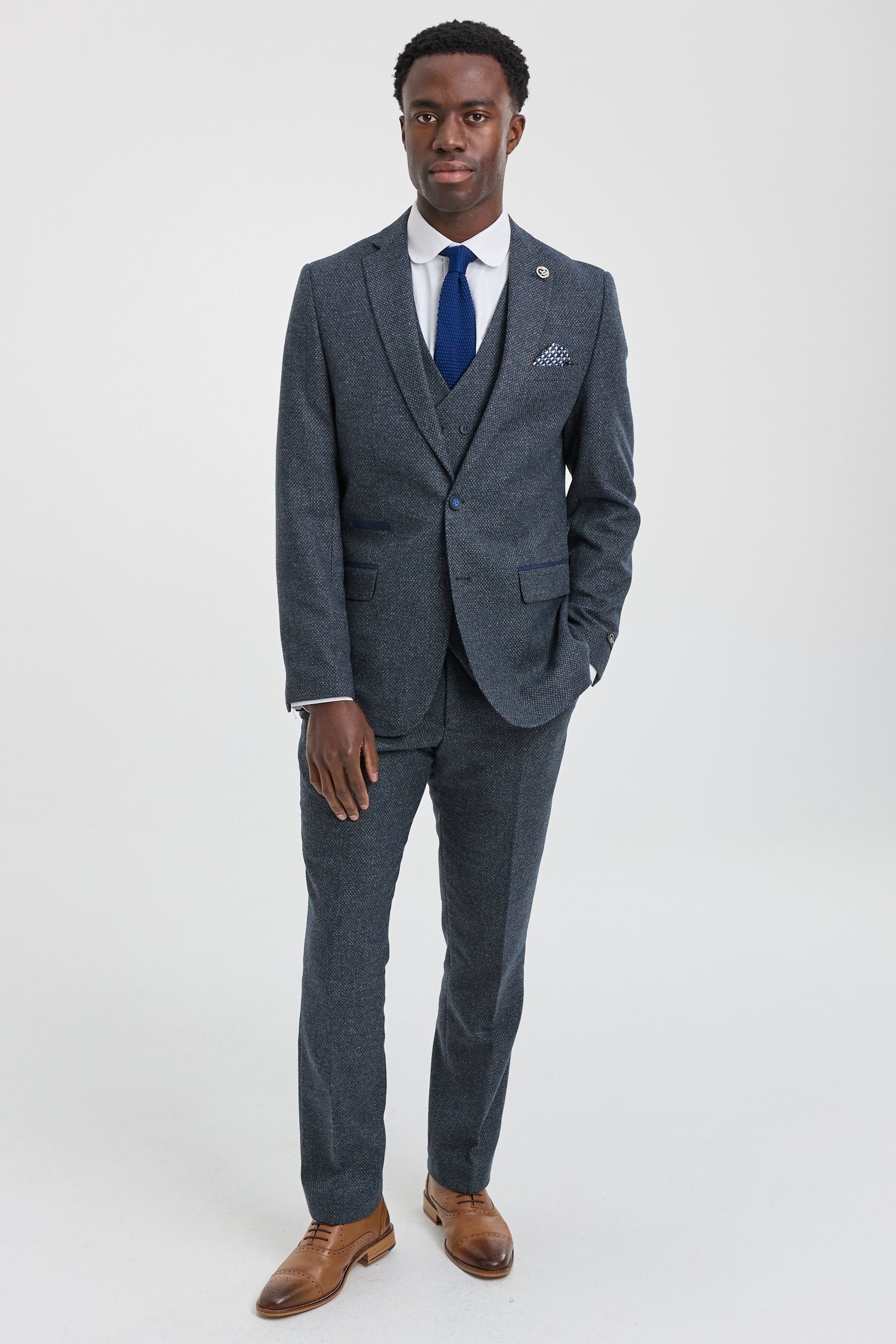 Herre 3-delt marineblåt jakkesæt med dobbeltradet vest