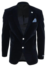 Mens Velvet Blazer Suit Jacket 2 Button Dinner Smart Casual Formal Tailored Fit - Black