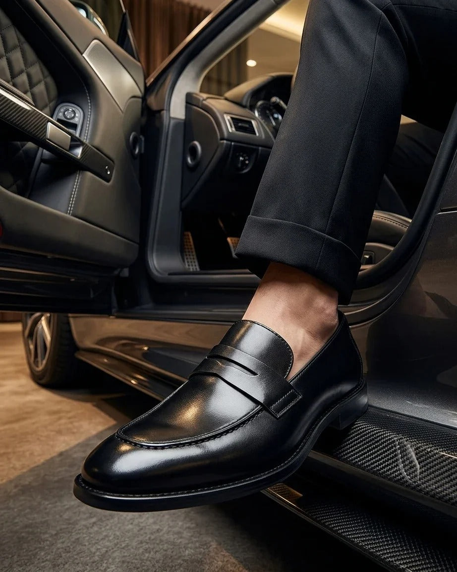 Ted - Sorte klassiske herreloafers i læder med mock toe-mønster