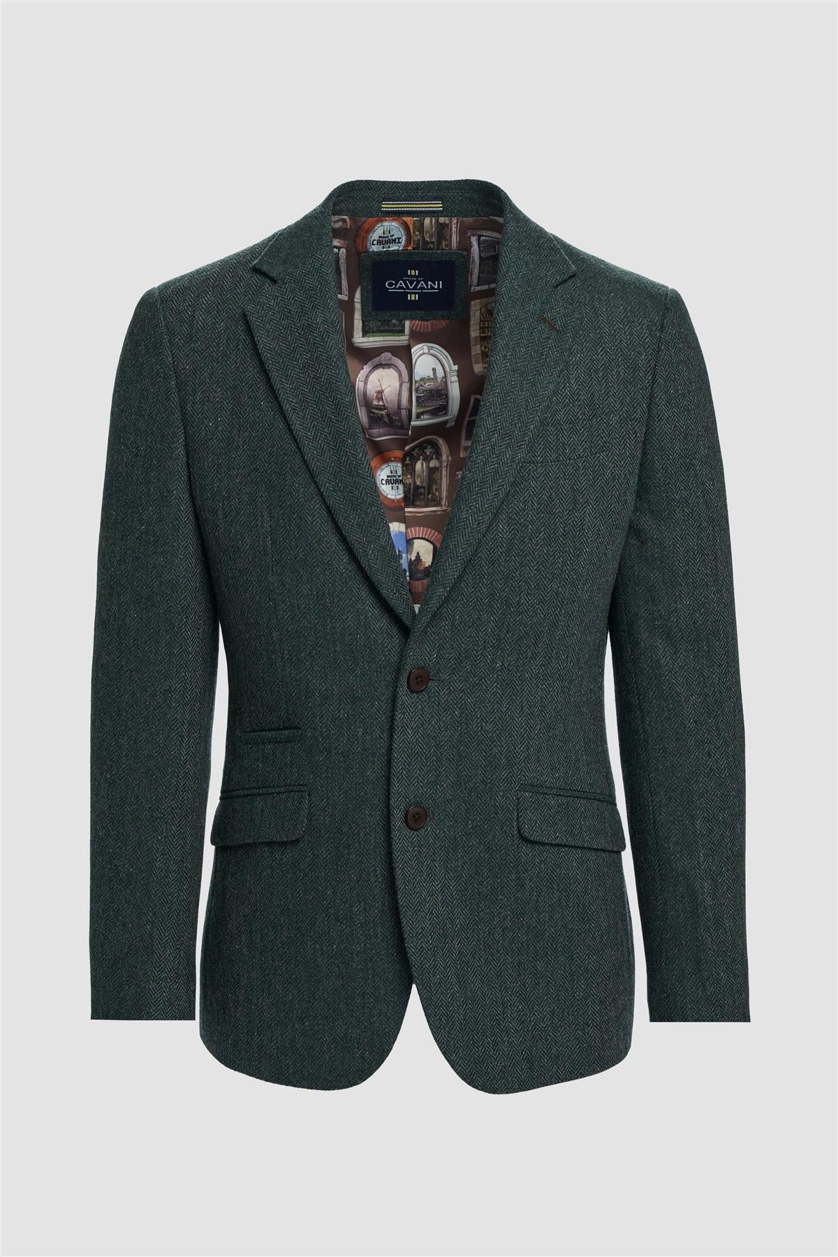 Thomas - Herre Olivengrøn Klassisk Sildebensmønstret Tweed Blazer