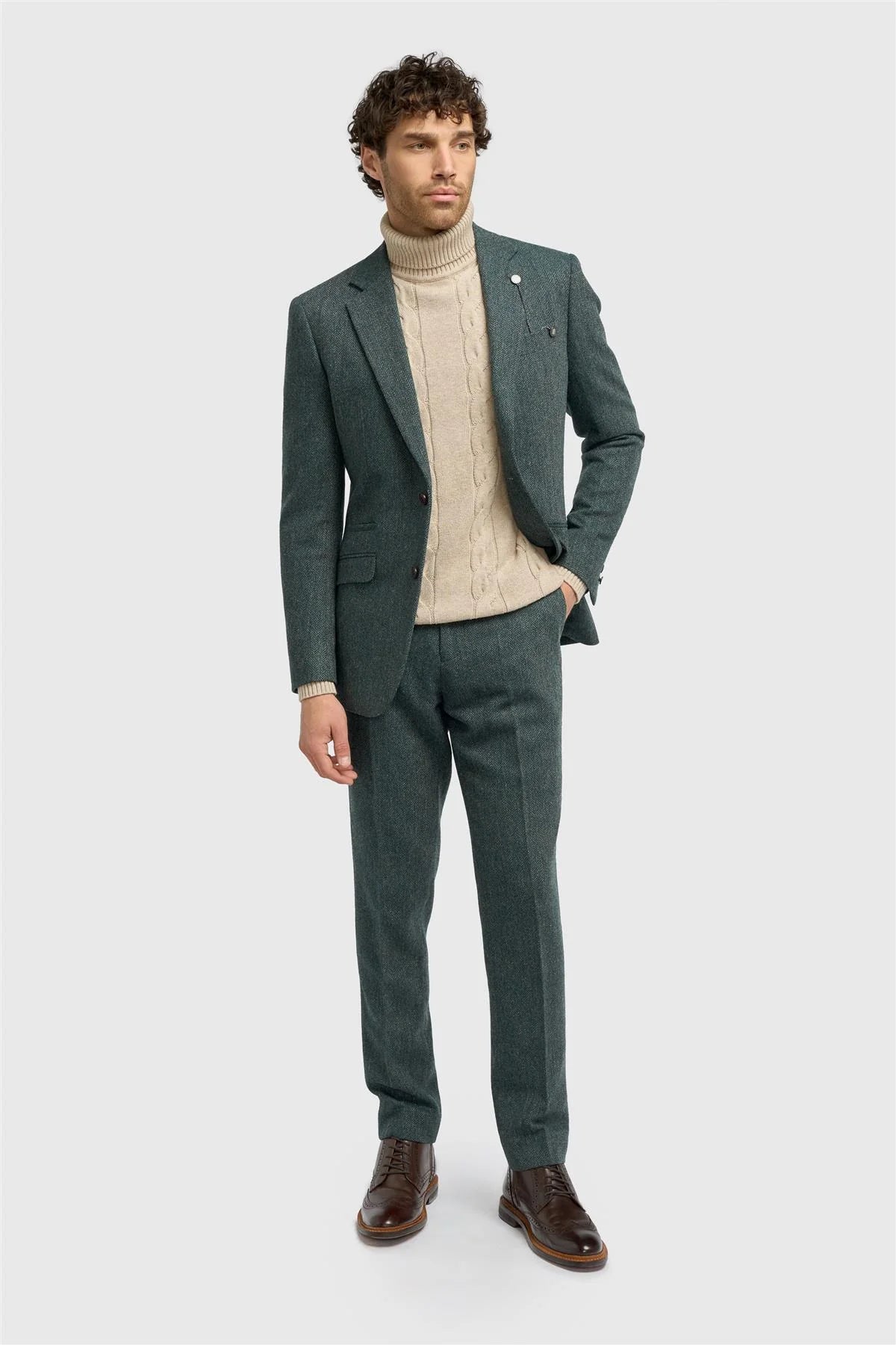 Thomas - Herre Olivengrøn Klassisk Sildebensmønstret Tweed Blazer