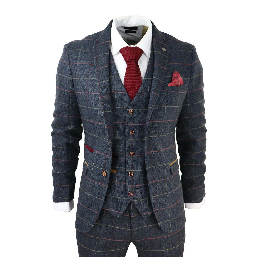 Thomas Men's Navy 3-Piece Tweed Check Suit