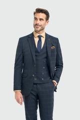 Torino - Men's 3 Piece Tailored Fit Navy Check Suit