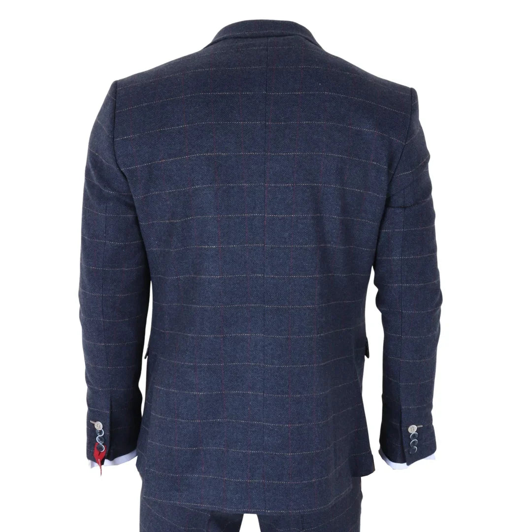 TP-32 - Gatsby-stil marineblåt 3-delt jakkesæt i uldblanding i tweed til mænd