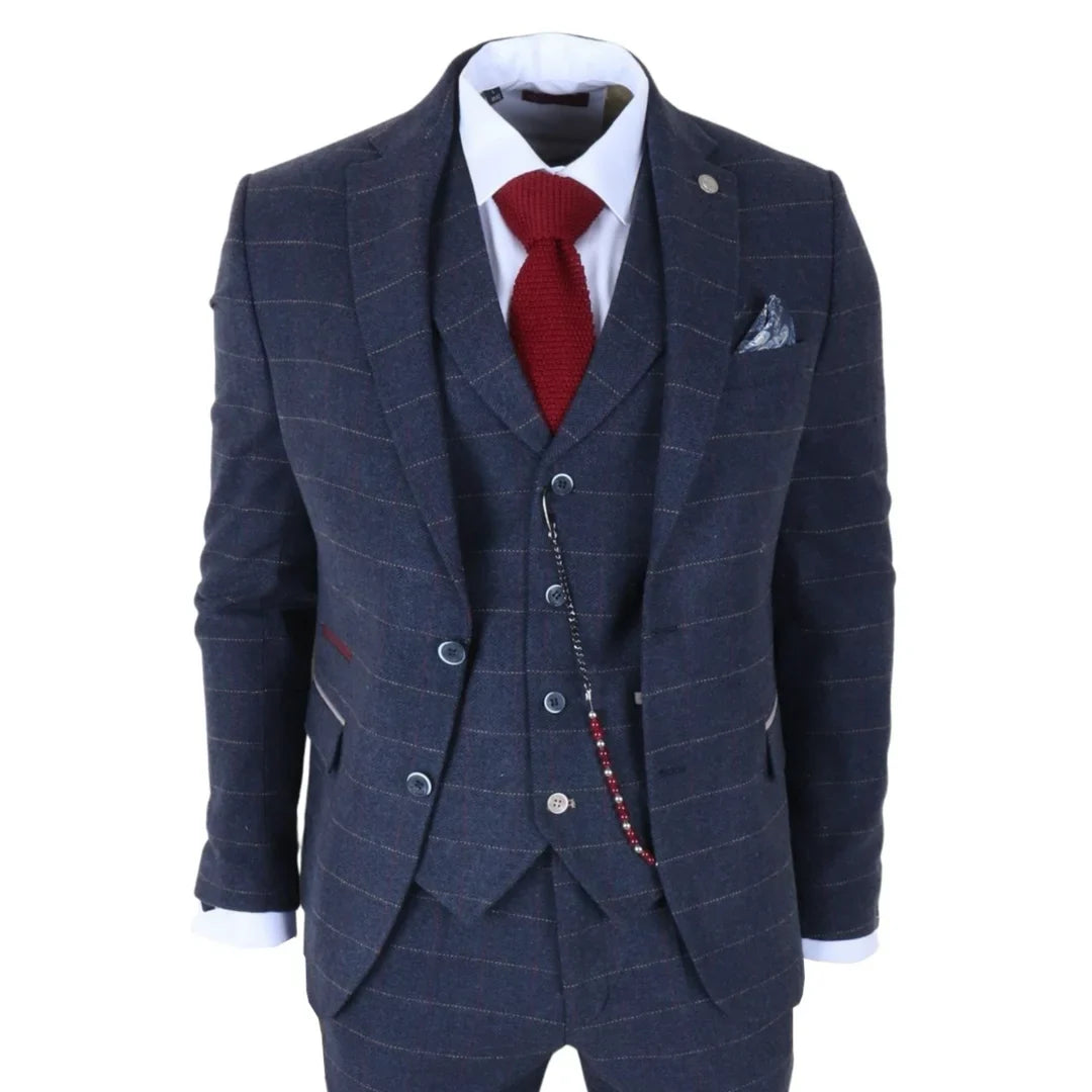 TP-32 - Gatsby-stil marineblåt 3-delt jakkesæt i uldblanding i tweed til mænd