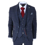 TP-32 - Gatsby-stil marineblåt 3-delt jakkesæt i uldblanding i tweed til mænd