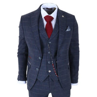 TP-32 - Gatsby-stil marineblåt 3-delt jakkesæt i uldblanding i tweed til mænd