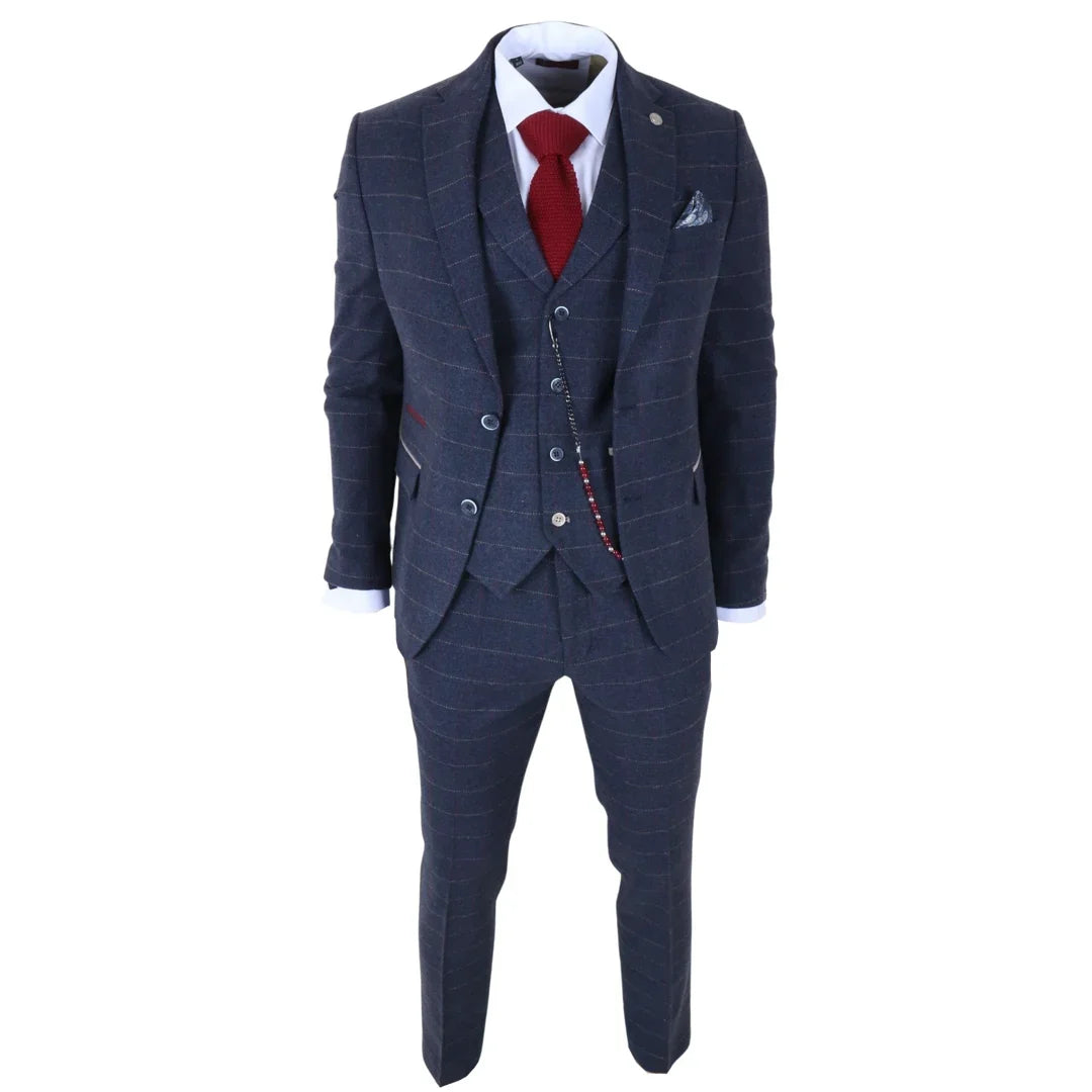 TP-32 - Gatsby-stil marineblåt 3-delt jakkesæt i uldblanding i tweed til mænd