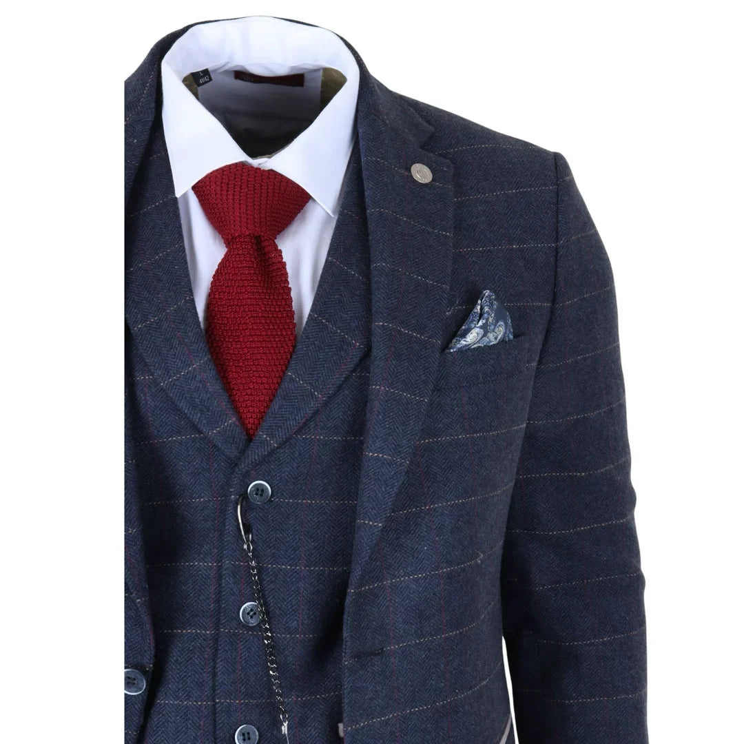 TP-32 - Gatsby-stil marineblåt 3-delt jakkesæt i uldblanding i tweed til mænd
