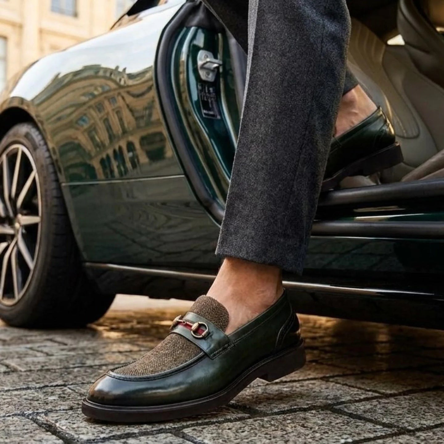 Tristian - Herre Grønne Læder Sildebensfarvet Tweed Loafers