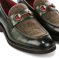 Tristian - Herre Grønne Læder Sildebensfarvet Tweed Loafers