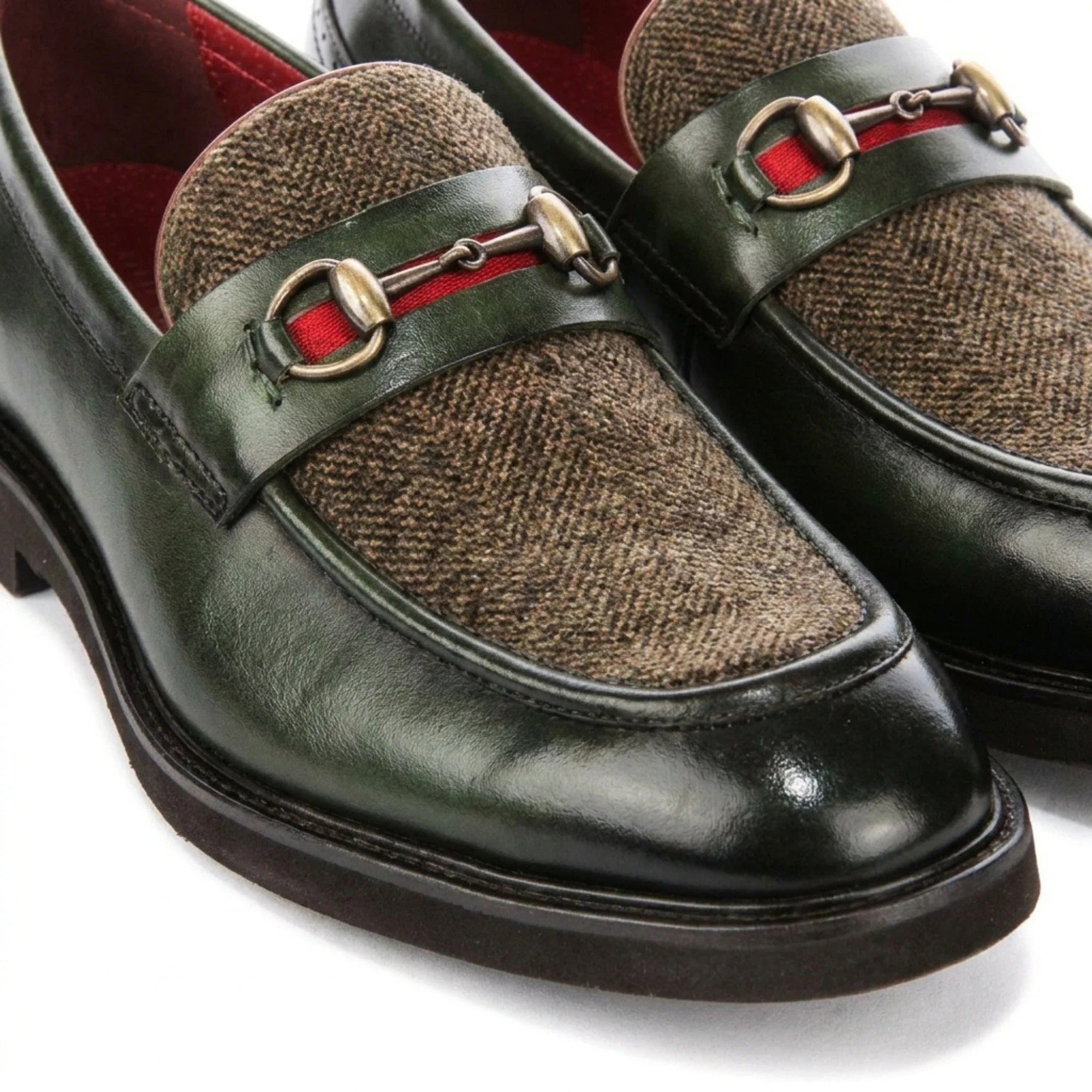 Tristian - Herre Grønne Læder Sildebensfarvet Tweed Loafers