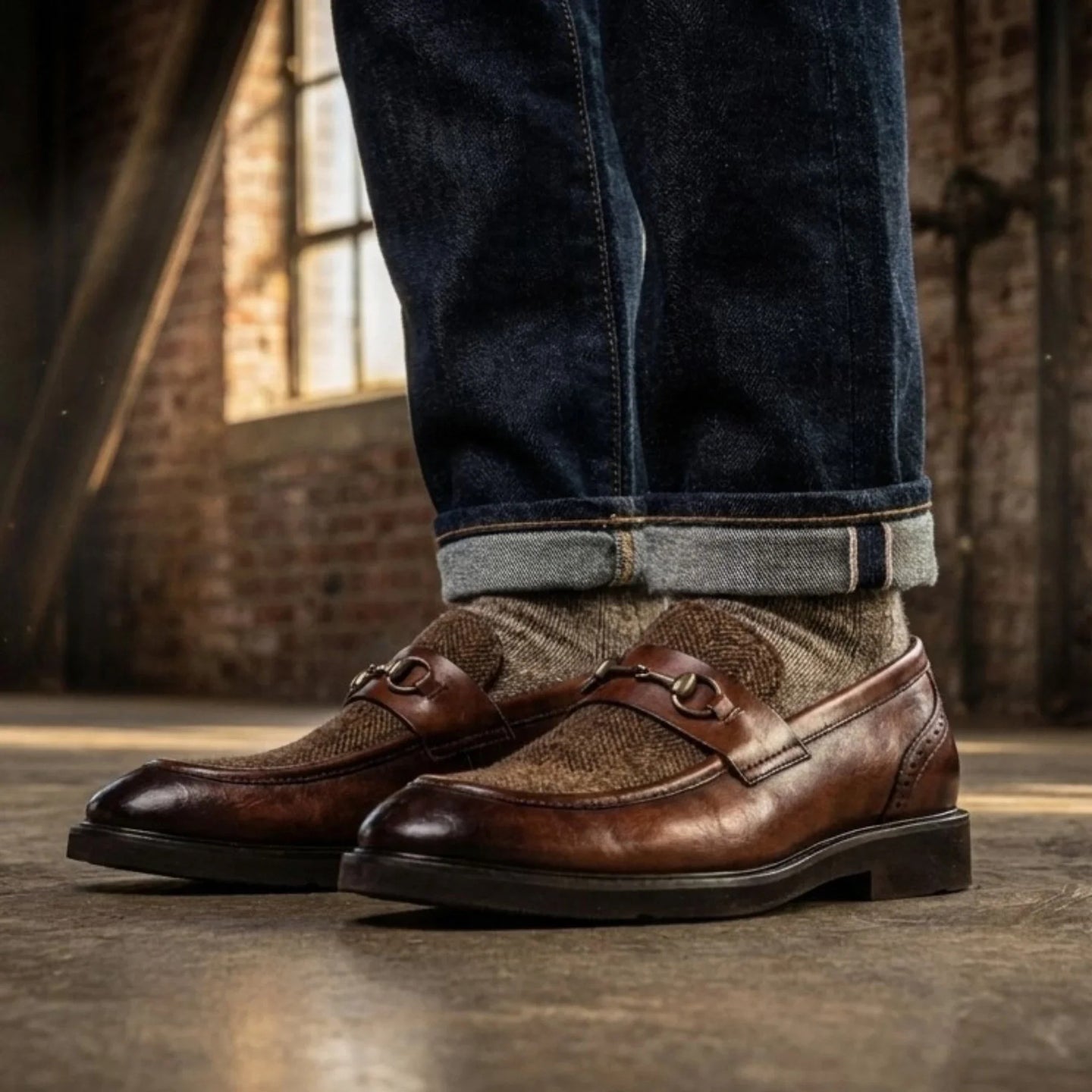 Tristian - Herre loafers i tweed med sildebensmønster i læder til mænd