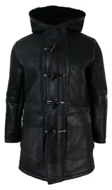 Mens Real Shearling Sheepskin 3/4 Hood Duffle Jacket Black Fur Warm Winter