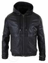 Mens Real Leather Bomber Hood Jacket - Black