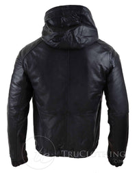 Mens Real Leather Bomber Hood Jacket - Black