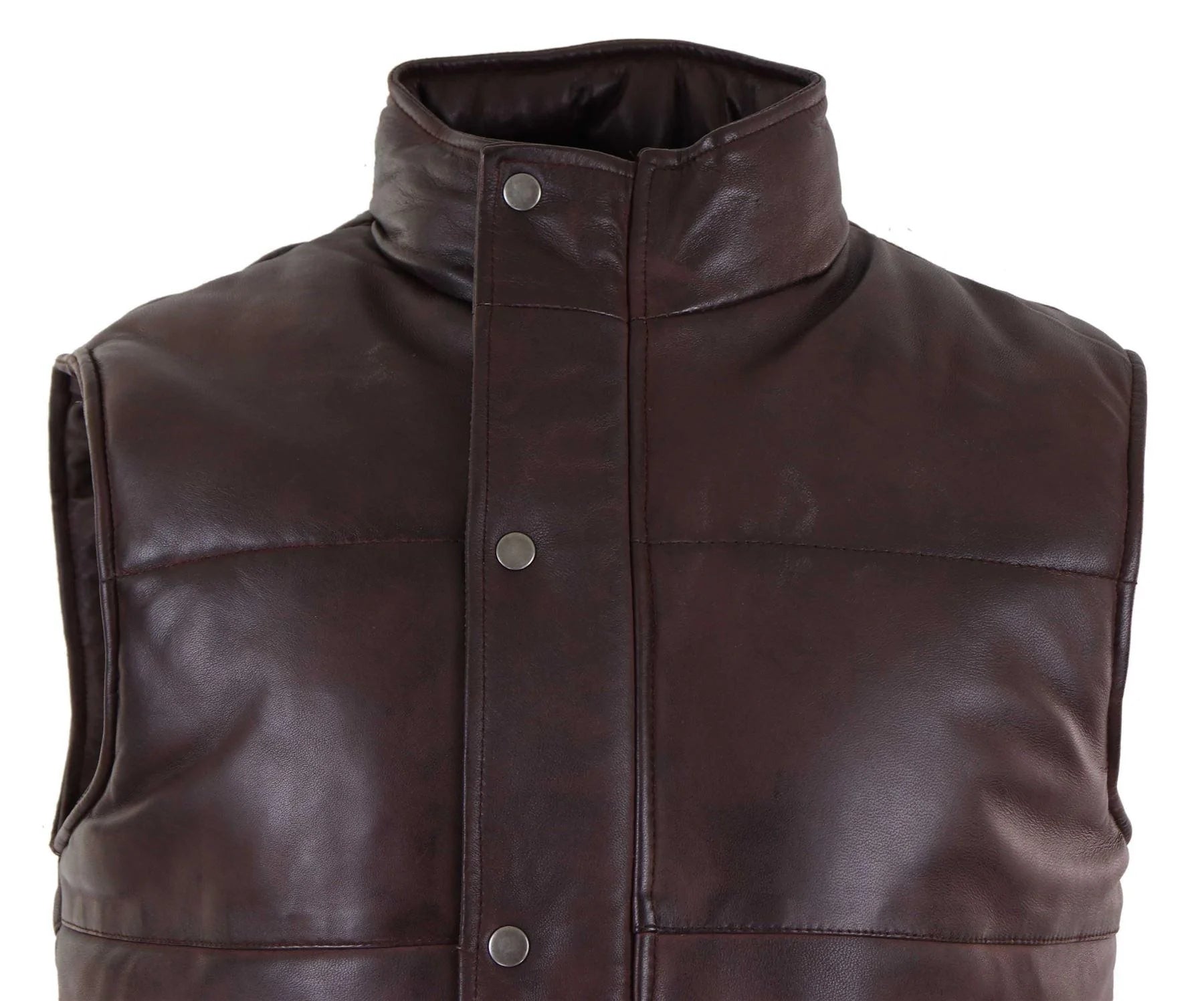 Mens Real Leather Waistcoat Gilet Quilted Puffer Design Warm Zip Casual Brown