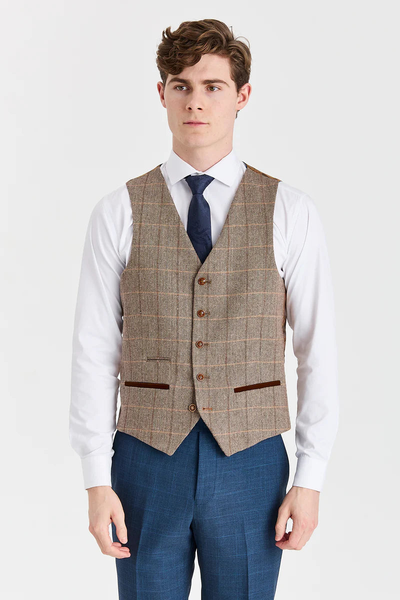 Viceroy marineblåt jakkesæt med Harris brun tweed kontrasterende vest