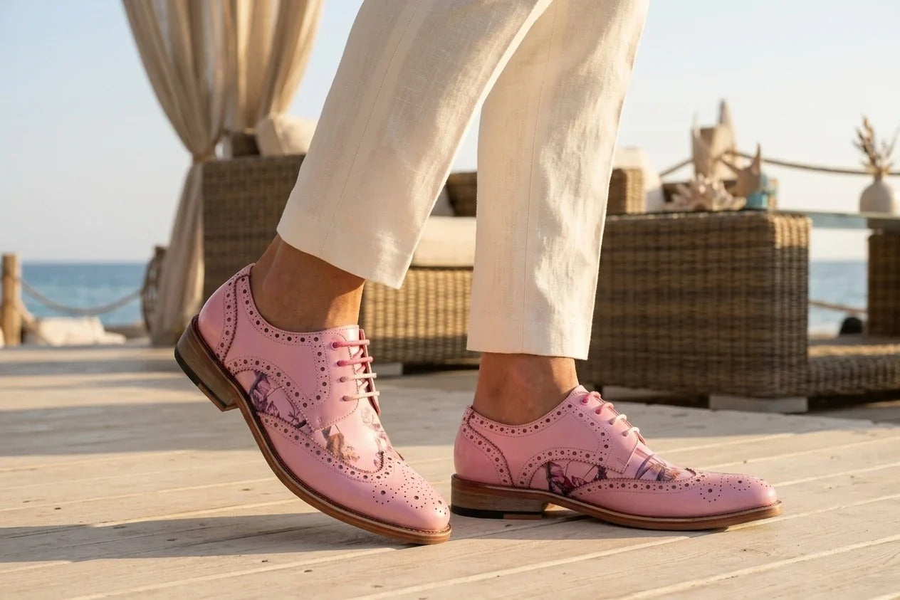 Wolf - Herre lyserøde blomsterprintede wingtip brogues pæne sko