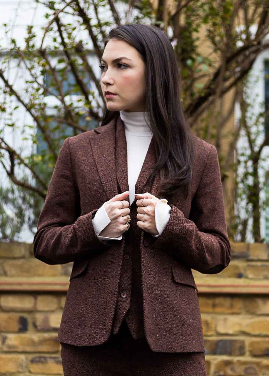 WS-12 - Dame Tweed Blazer Sildebensmønster Uld Rustbrun