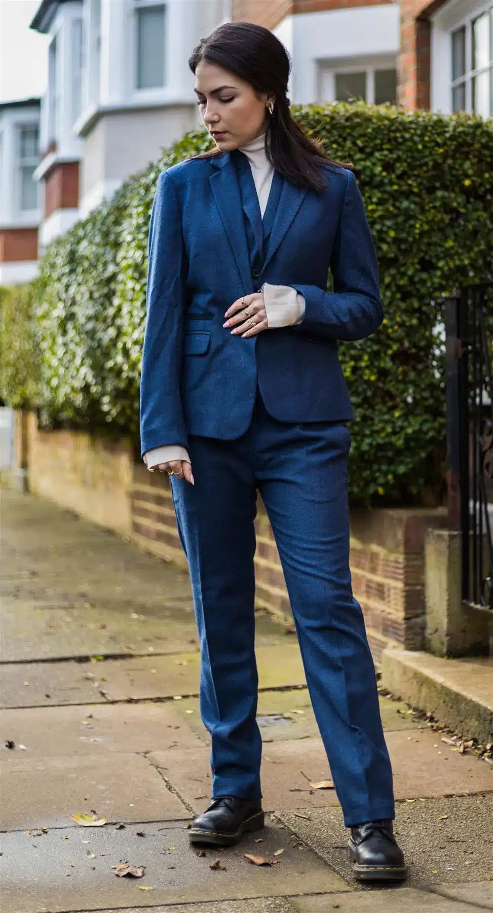 Womens Tweed Herringbone Trouser Navy Blue 1920s Vintage Classic Gatsby Blinders