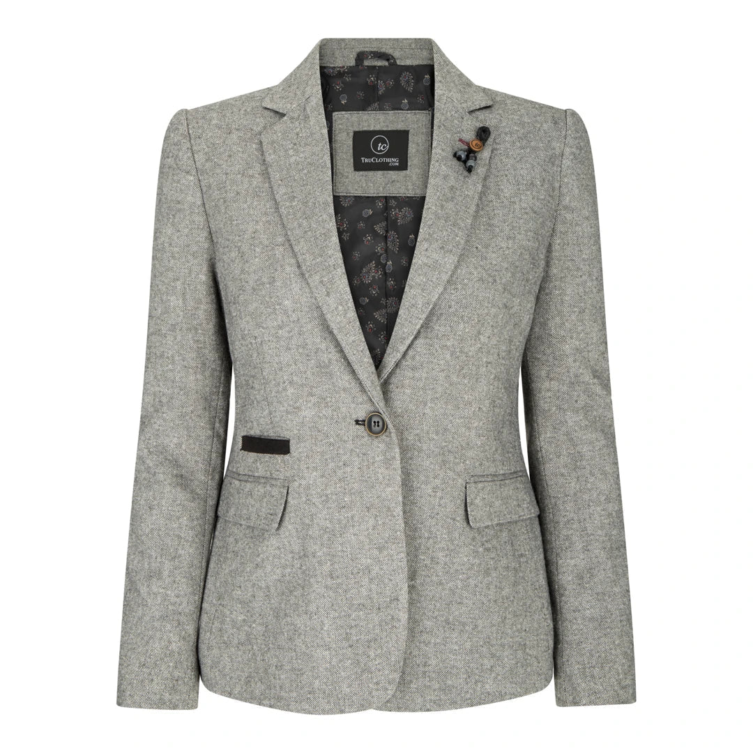 Gray blazer with a patterned shirt underneath on a white background